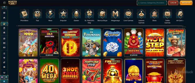 Collection of casino games at Monsterwin Casino