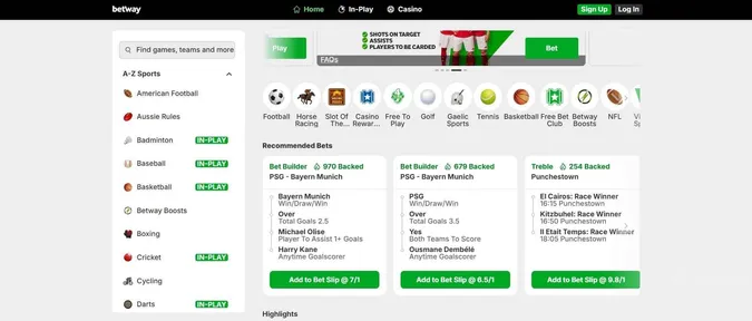 homepage of Betway sportsbook