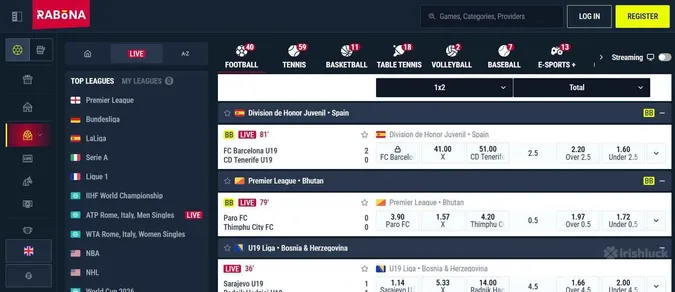 Live bets at Rabona Sportsbook