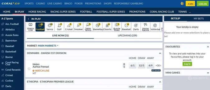 In-play betting at Coral sportsbook