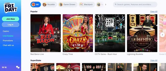 live casino games at Casino Friday