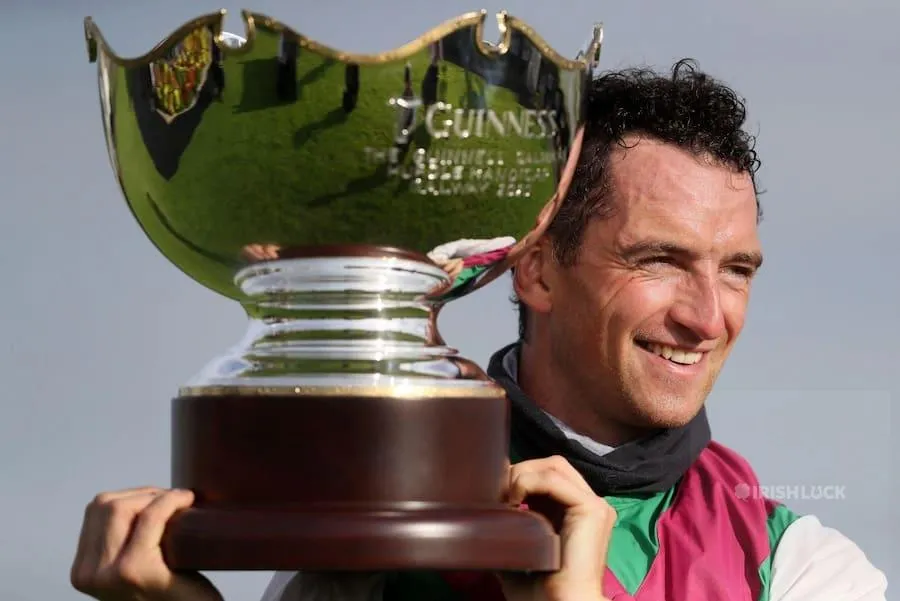 Patrick Mullins poses with the trophy after winning The Guinness Galway Hurdle on Aramon during day four of the 2020 Galway Races Summer Festival at Galway Racecourse