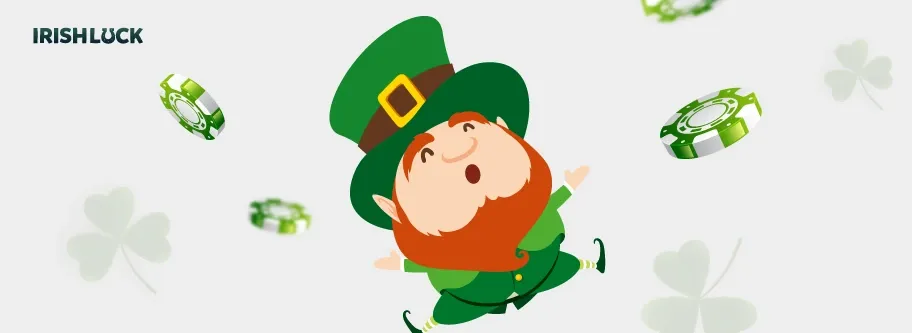 An image of a leprechaun dancing with coins and casino chips around