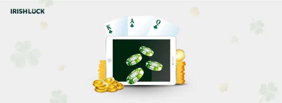 an image of a tablet device with casino chips coming out of the screens and coins next to it