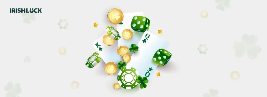 An image of cards, dice, and casino chips on a light-green background