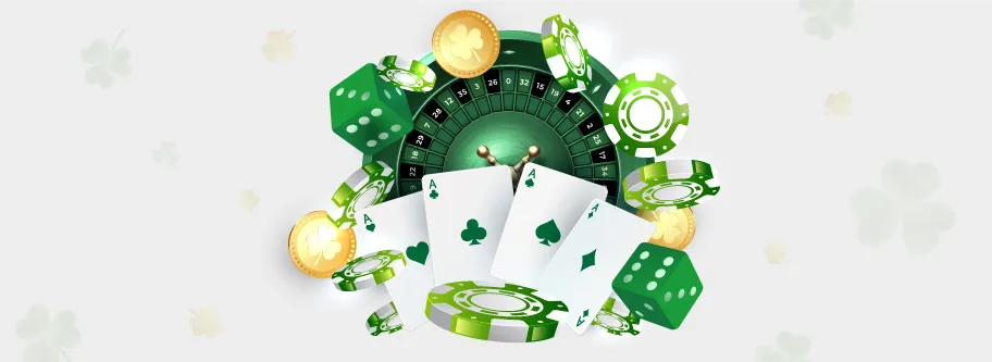 image of a green roulette with cards, chips, coins and dice
