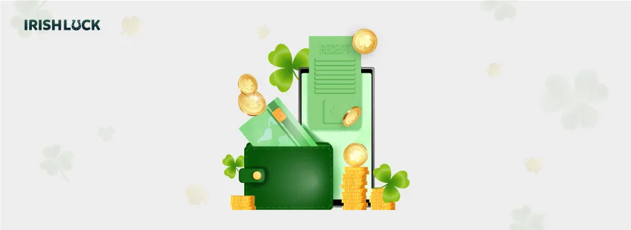 image of a green walet with a card, phone, coins and shamrocks