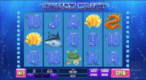 Great Blue Slot Game Symbols Wilds Scatters Seahorse Fish Shark