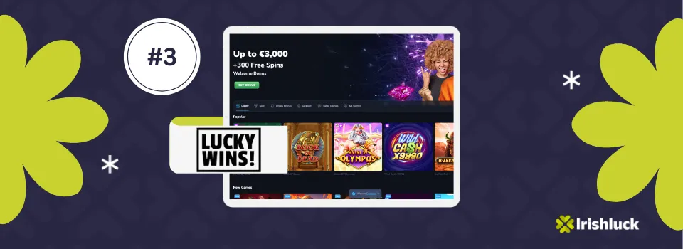 luckywins casino logo and screenshot of the homepage and the irishluck logo on a blue background with green elements