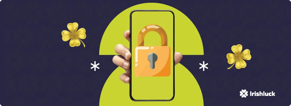 a phone with a lock in it to signify safety on a blue and green background