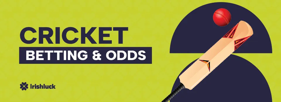 cricket betting and odds image featuring cricket elements and the irishluck logo