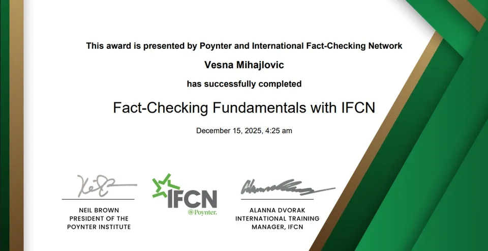 Vesna Mihajlovic's IFCN certificate